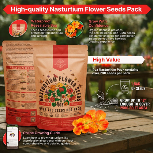 Nasturtium Seeds Pack 4 oz - Over 700 Non - GMO Heirloom Nasturtium Seeds for Planting, Edible Flowers in Individual Seed Packet, Nasturtium Seeds for Planting Home Garden Indoor & Outdoor Gardening - Organo Republic