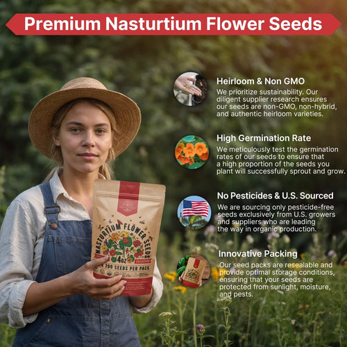 Nasturtium Seeds Pack 4 oz - Over 700 Non - GMO Heirloom Nasturtium Seeds for Planting, Edible Flowers in Individual Seed Packet, Nasturtium Seeds for Planting Home Garden Indoor & Outdoor Gardening - Organo Republic