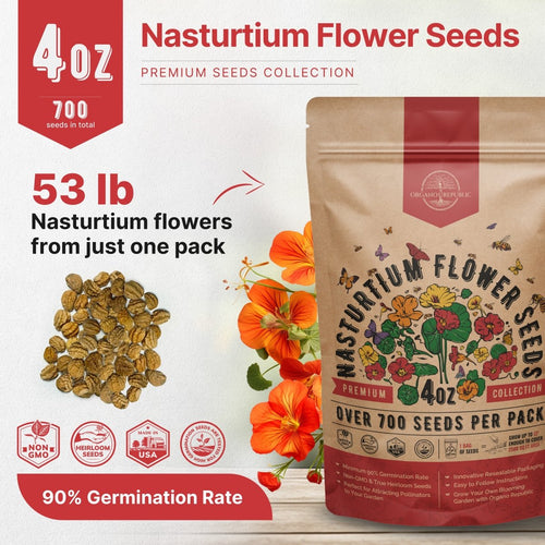 Nasturtium Seeds Pack 4 oz - Over 700 Non - GMO Heirloom Nasturtium Seeds for Planting, Edible Flowers in Individual Seed Packet, Nasturtium Seeds for Planting Home Garden Indoor & Outdoor Gardening - Organo Republic