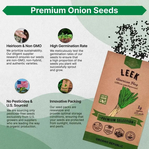 Onion Leek Seeds Pack 1G - Over 375 Non - GMO Heirloom Onion Seeds for Planting Vegetables in Individual Seed Packet, Vegetable Seeds for Planting Home Garden Indoor & Outdoor Gardening - Organo Republic