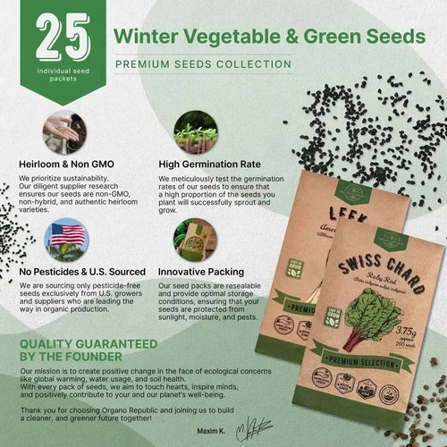 Organo Republic 25 Winter Vegetable Seeds Variety Pack for Outdoors & Indoor Home Gardening 27,600+ Non - GMO Heirloom Seeds: Broccoli Beet Carrot Collard Lettuce Radish Spinach Pea Kohlrabi - Organo Republic