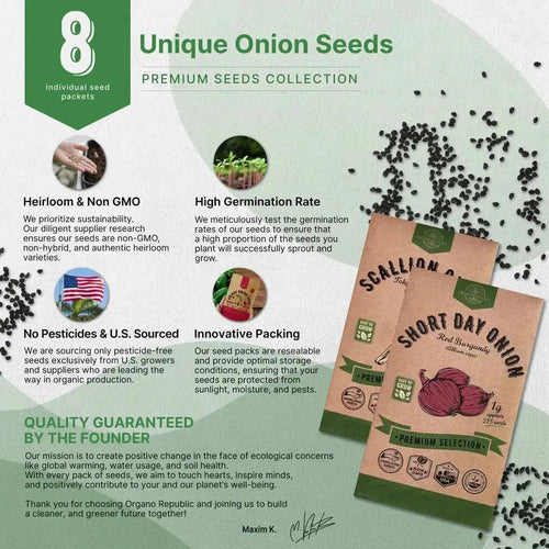 Organo Republic 8 Onion Seeds Variety Pack Heirloom, Non - GMO, Sets for Indoors, Outdoors Gardening. 2200+ Seeds: Walla Walla, Green Onion, Red Burgundy, White & Yellow Sweet Spanish Onions - Organo Republic