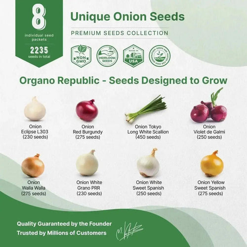 Organo Republic 8 Onion Seeds Variety Pack Heirloom, Non - GMO, Sets for Indoors, Outdoors Gardening. 2200+ Seeds: Walla Walla, Green Onion, Red Burgundy, White & Yellow Sweet Spanish Onions - Organo Republic