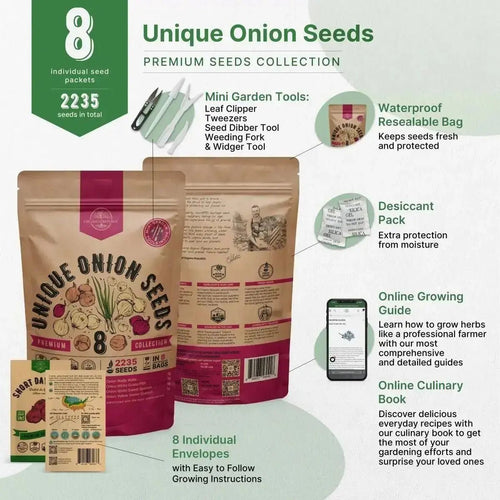 Organo Republic 8 Onion Seeds Variety Pack Heirloom, Non - GMO, Sets for Indoors, Outdoors Gardening. 2200+ Seeds: Walla Walla, Green Onion, Red Burgundy, White & Yellow Sweet Spanish Onions - Organo Republic