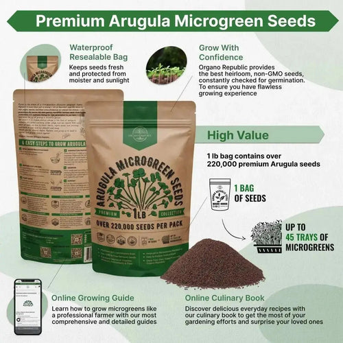 Organo Republic Arugula Sprouting & Microgreens Seeds - Non - GMO, Heirloom Sprout Seeds Kit, 1lb Resealable Bag for & Growing Microgreens in Soil, Coconut Coir, Aerogarden & Hydroponic System. - Organo Republic