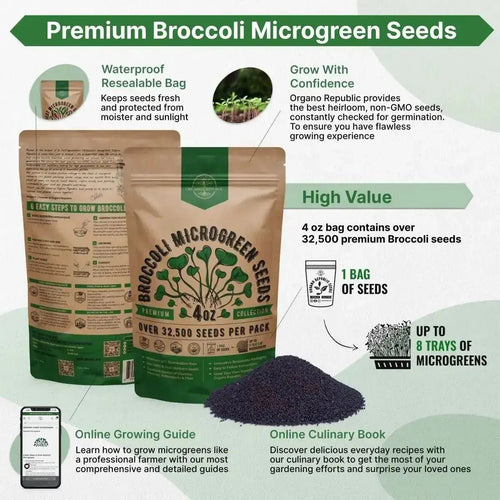 Organo Republic Broccoli Sprouting & Microgreens Seeds - Non - GMO, Heirloom Sprout Seeds Kit, 4oz Resealable Bag for & Growing Microgreens in Soil, Coconut Coir, Aerogarden & Hydroponic - Organo Republic