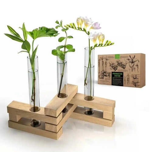Plant Propagation Station 3 Glass Tube Wooden Folding Planks, Plant Stand Indoor Terrarium for Hydroponic Plants Home and Office Desk Decor Root Propagator, Unique Gifts for Women, Men & Plant Lovers - Organo Republic