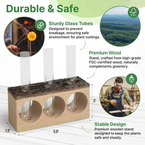 Plant Propagation Station 3 Glass Tube Wooden Stand Plant Terrarium for Hydroponic Plants Home Decor, Root Propagator for Office Home and Decor, Unique Gifts for Women, Men and Plant Lovers - Organo Republic