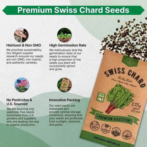 Swiss Chard Ruby Red Seeds Pack 3.75G - Over 200 Non - GMO Heirloom Swiss Chard Seeds for Planting Greens in Individual Seed Packet, Greens Seeds for Planting Home Garden Indoor & Outdoor Gardening - Organo Republic