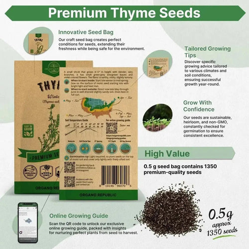 Thyme Seeds Pack 0.5 G - Over 1,350 Non - GMO Heirloom Thyme Seeds for Planting Herbs in Individual Seed Packet, Herbs Seeds for Planting Home Garden Indoor & Outdoor Gardening - Organo Republic