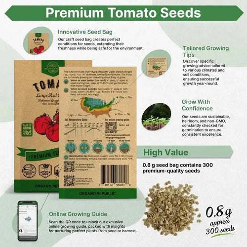Tomato Large Cherry Seeds Pack 0.8 G - Over 300 of Non - GMO Heirloom Tomato Seeds for Planting Vegetables in Individual Seed Packet, Vegetable Seeds for Planting Home Garden Indoor & Outdoor Gardening - Organo Republic