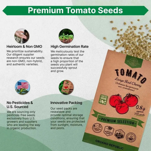 Tomato Large Cherry Seeds Pack 0.8 G - Over 300 of Non - GMO Heirloom Tomato Seeds for Planting Vegetables in Individual Seed Packet, Vegetable Seeds for Planting Home Garden Indoor & Outdoor Gardening - Organo Republic