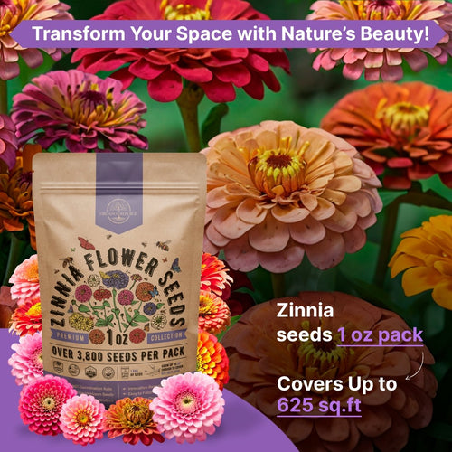Zinnia Seeds Pack 1 oz - Over 3,800 Non - GMO Heirloom Zinnia Seeds for Planting, Annual Flowers in Individual Seed Packet, Zinnia Seeds for Planting Home Garden Indoor & Outdoor Gardening - Organo Republic