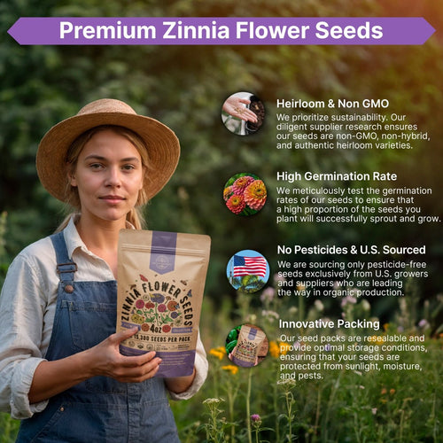 Zinnia Seeds Pack 4 oz - Over 15,300 Non - GMO Heirloom Zinnia Seeds for Planting, Annual Flowers in Individual Seed Packet, Zinnia Seeds for Planting Home Garden Indoor & Outdoor Gardening - Organo Republic