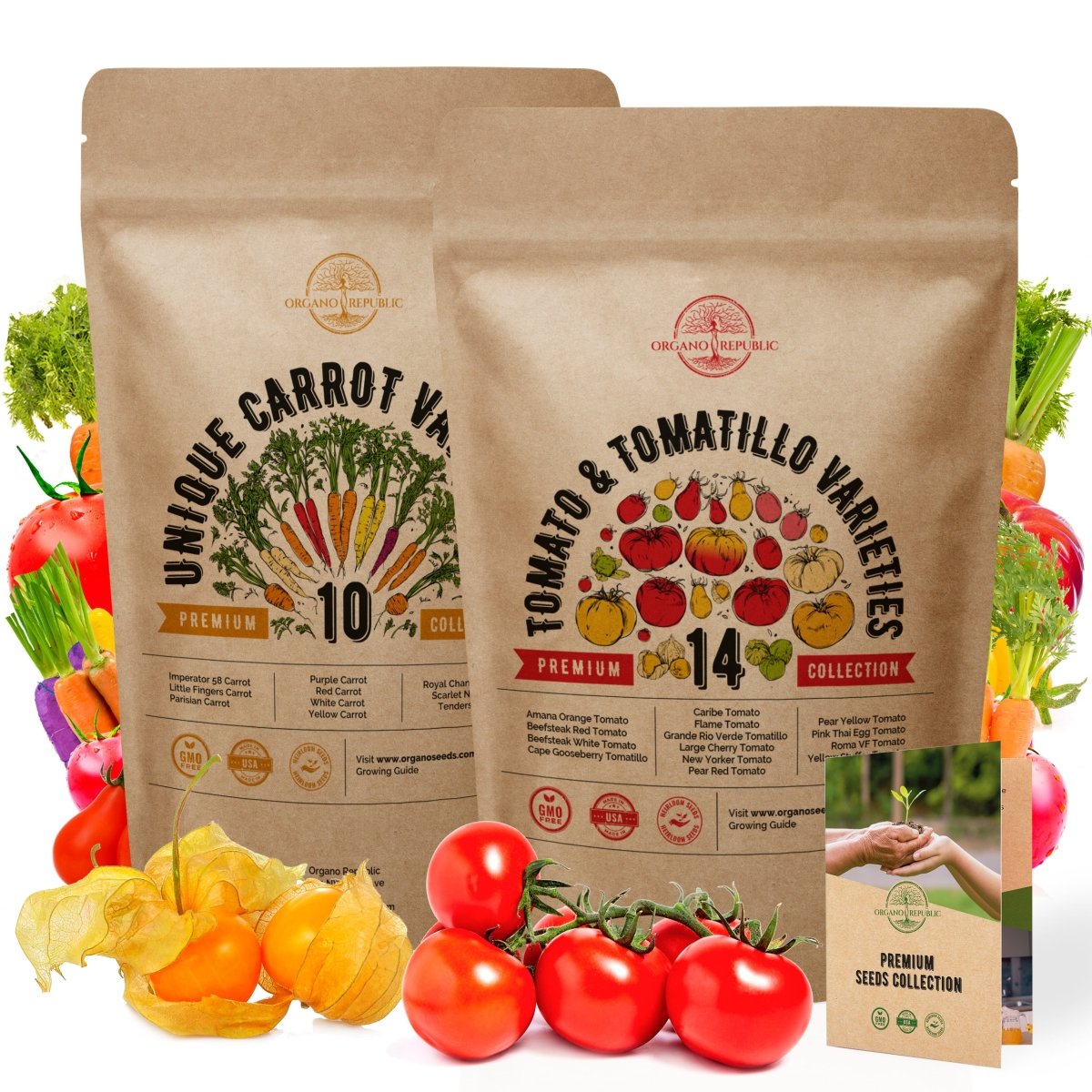 10 Carrots & 14 Rare Tomato & Tomatillo Seeds Variety Packs Bundle - Organo Republic