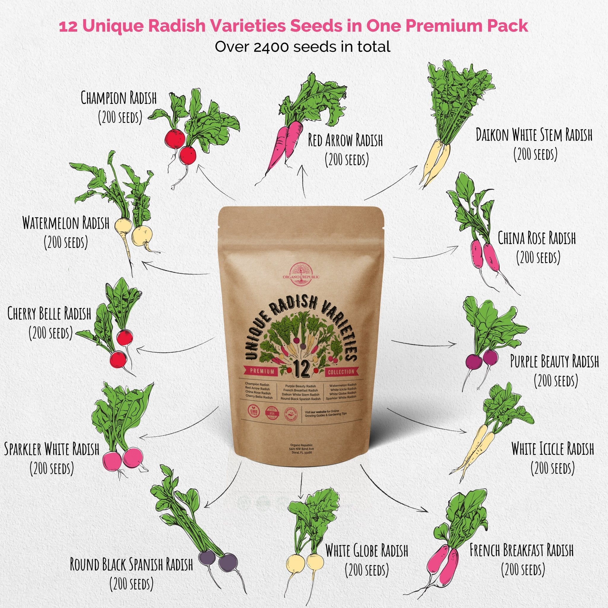 Vegetable Seeds Variety Pack - 12 Radish Seeds Variety Pack - Over 2400 Non-GMO, Heirloom Seeds