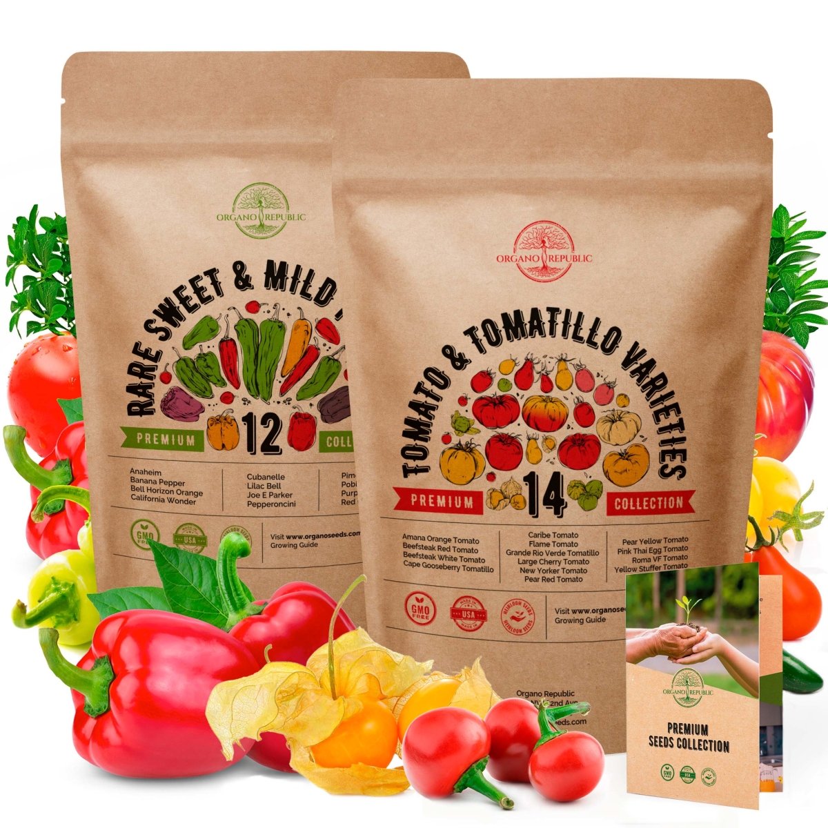 12 Rare Sweet & Mild Pepper and 14 Rare Tomato & Tomatillo Seeds Variety Packs Bundle - Organo Republic