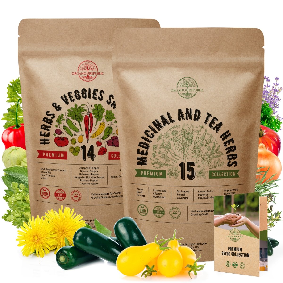 14 Herb, Tomato & Chili Pepper and 15 Medicinal & Tea Herb Seeds Bundle - Organo Republic