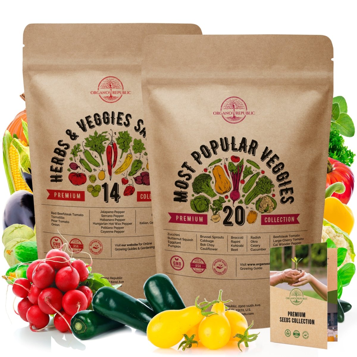 14 Herb, Tomato & Chili Pepper and 20 Most Popular Vegetable Seeds Bundle - Organo Republic