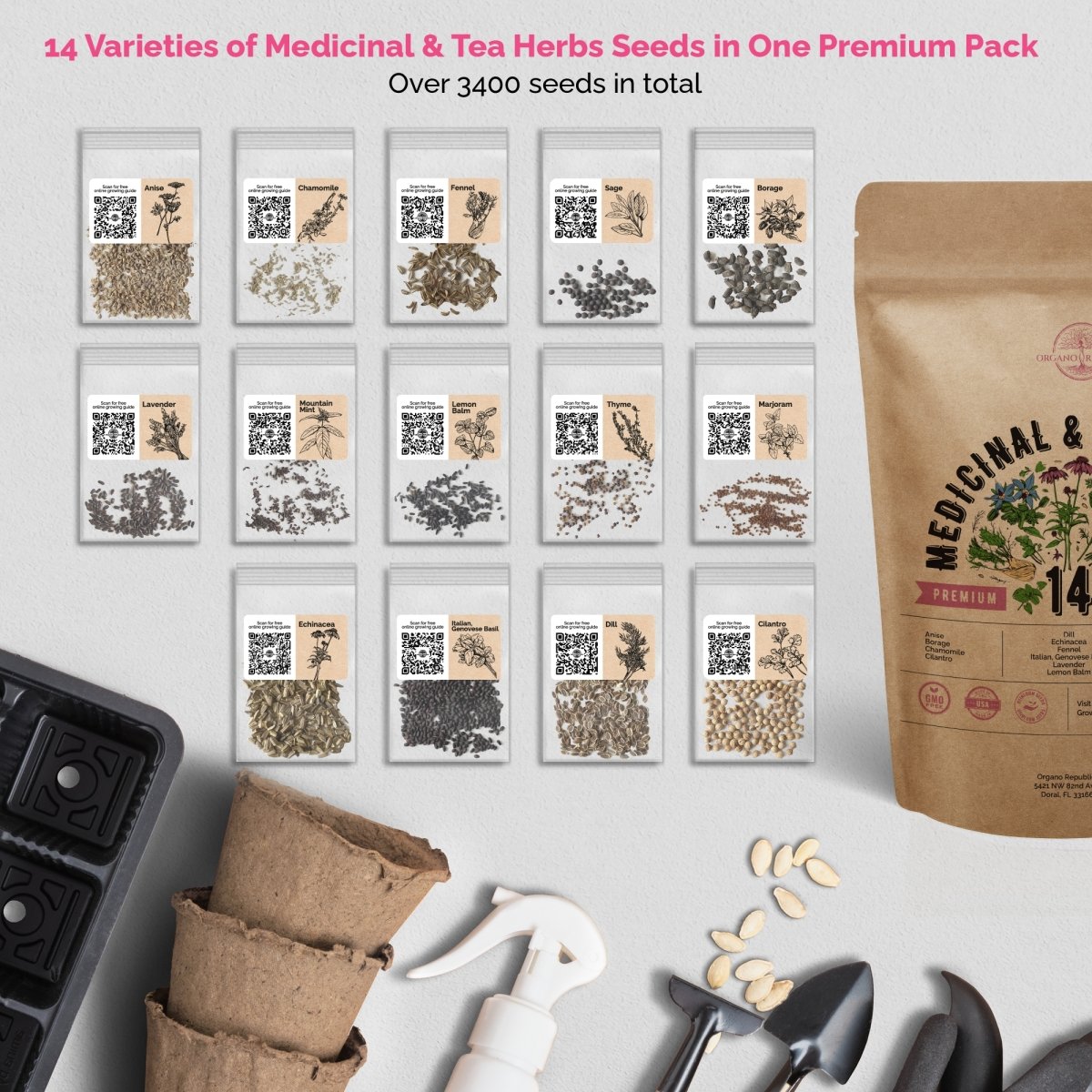 14 Medicinal & Tea Herb Seeds Variety Pack for Planting Indoor & Outdoors - Organo Republic