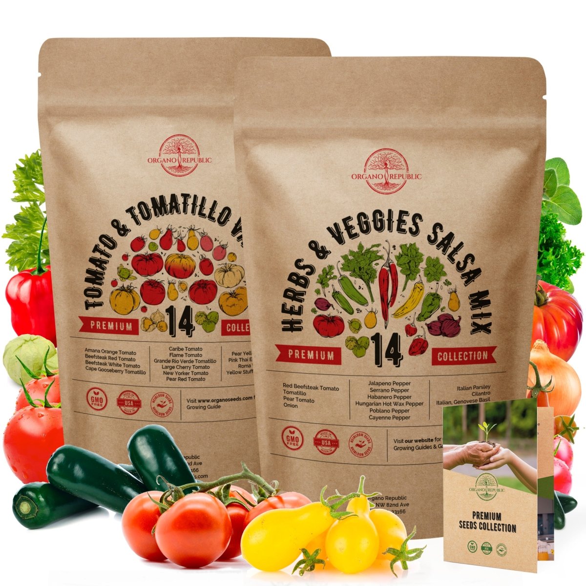 14 Rare Tomato & Tomatillo and 14 Herb, Tomato & Chili Pepper Seeds Bundle - Organo Republic