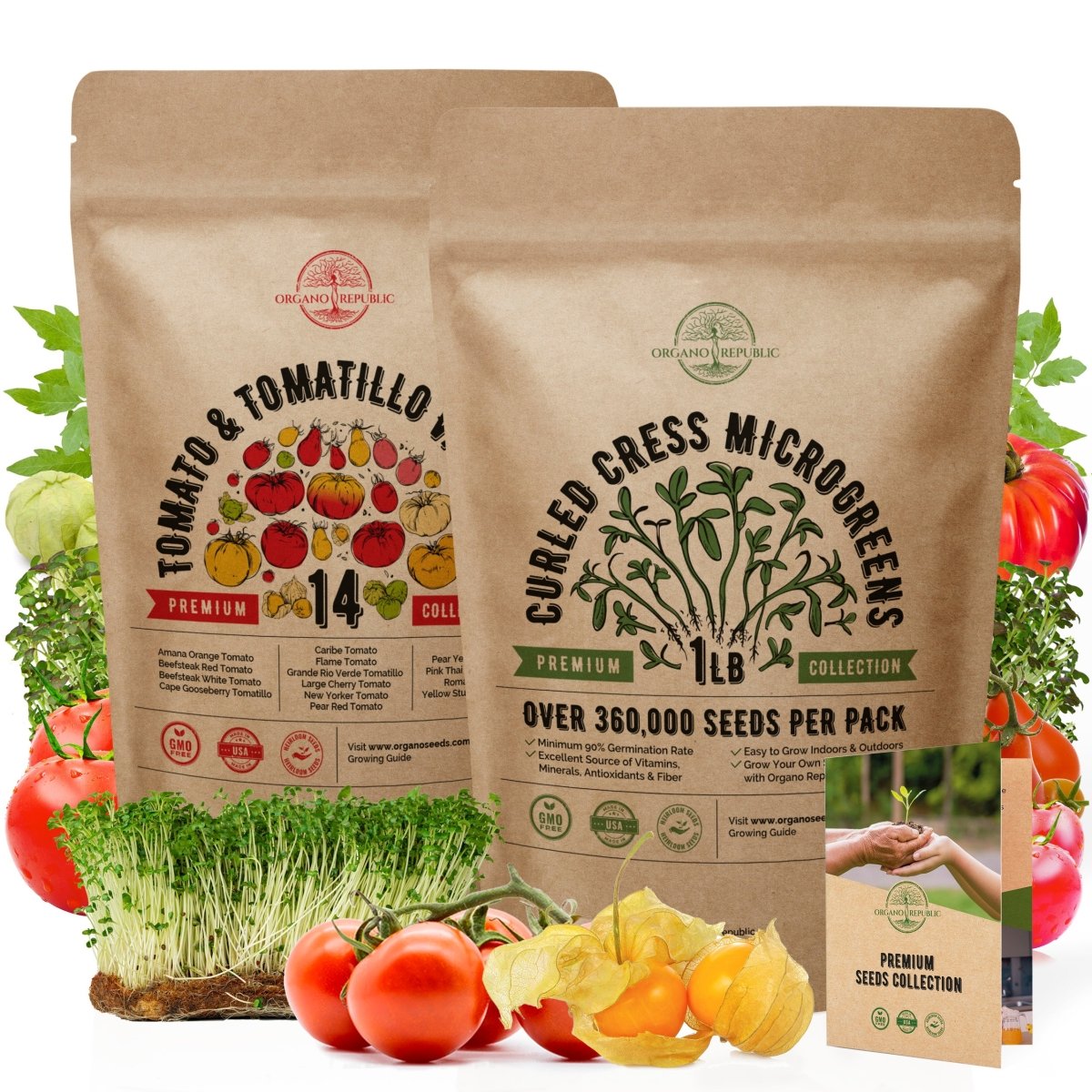 14 Rare Tomato & Tomatillo and Cress Sprouting & Microgreens Seeds Bundle - Organo Republic