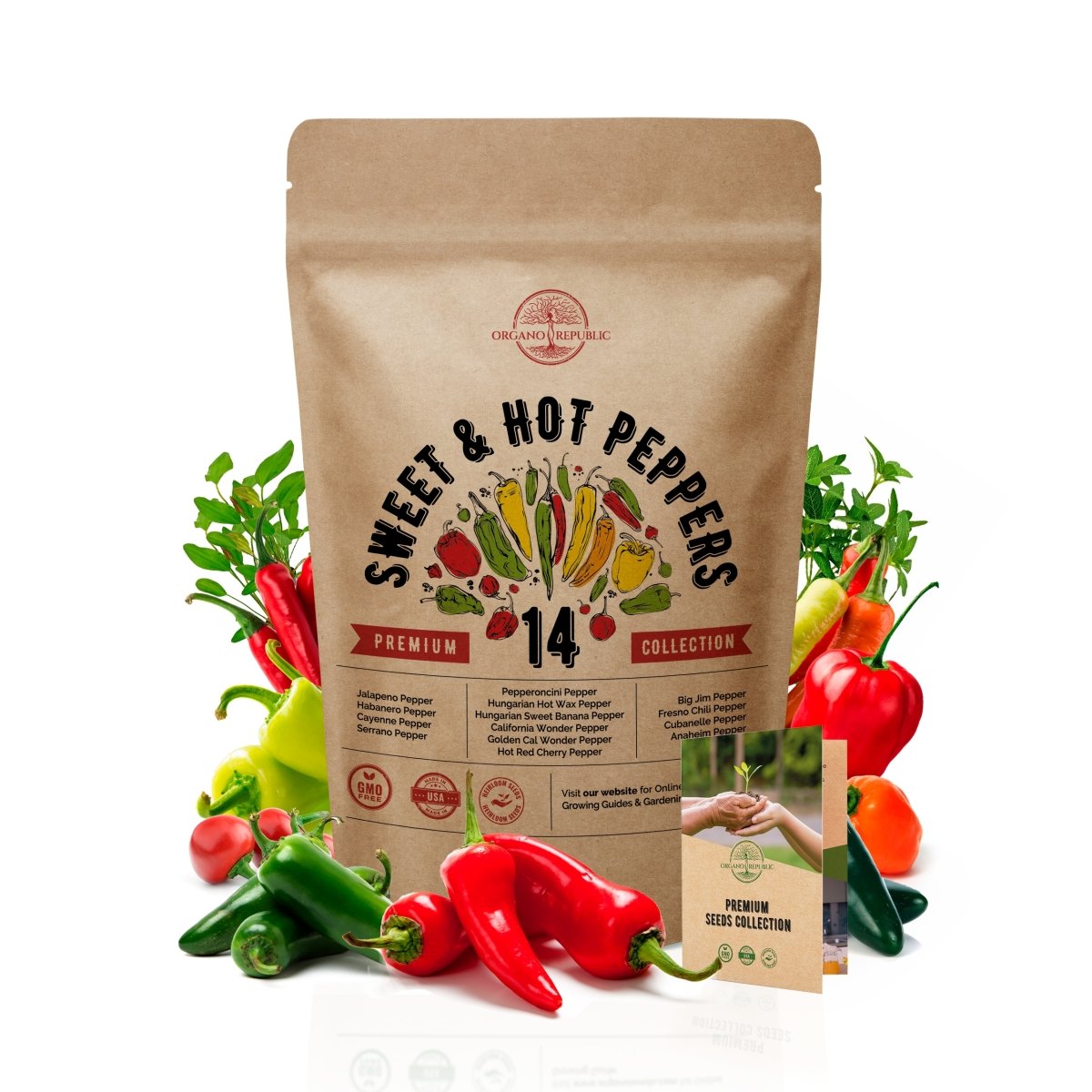 14 Sweet & Hot Peppers Seeds Variety Pack - Over 700 Non-GMO, Heirloom Seeds - Organo Republic