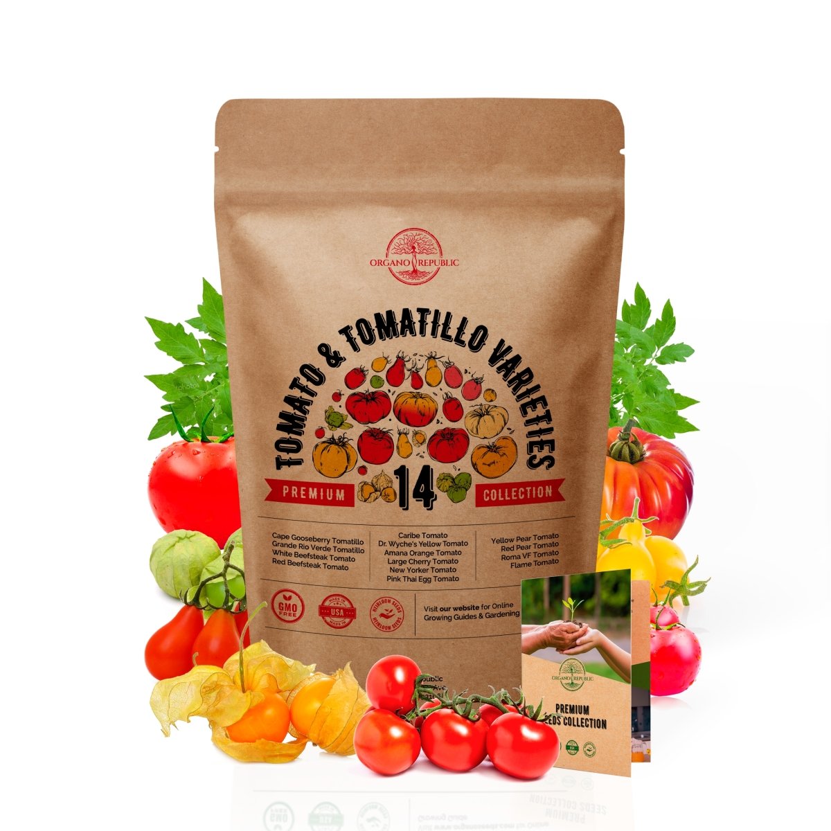 14 Unique Tomato and Tomatillo Variety Pack - Over 800 Non-GMO, Heirloom Seeds - Organo Republic