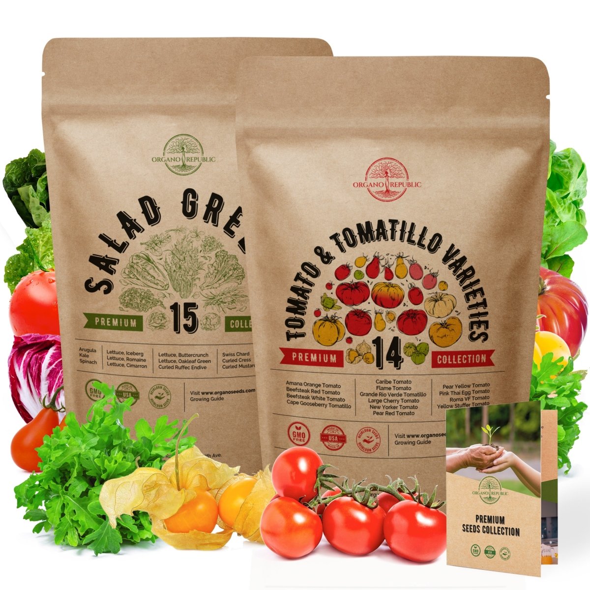 15 Lettuce & Salad Greens and 14 Rare Tomato & Tomatillo Seeds Variety Packs Bundle - Organo Republic