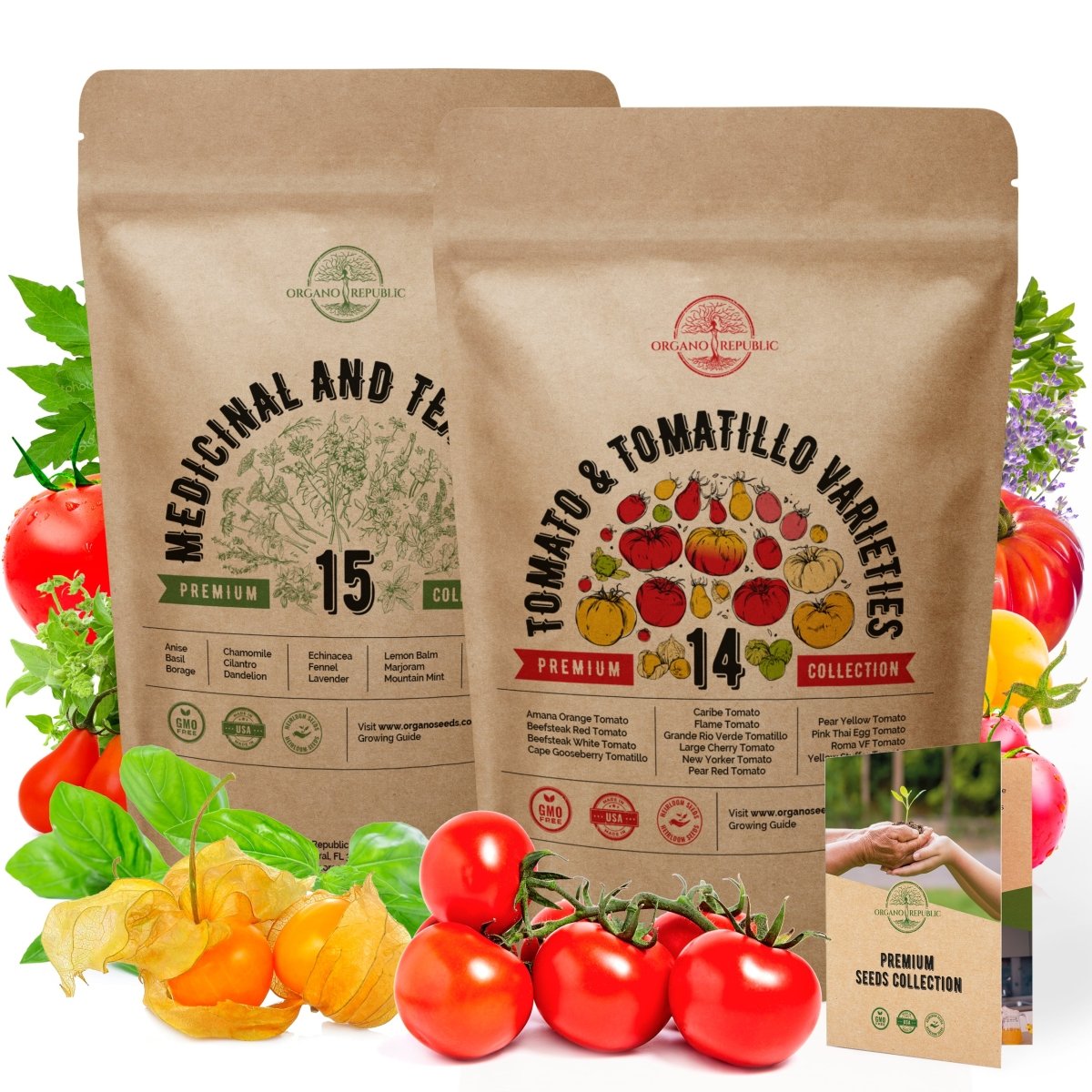 15 Medicinal Herbs & 14 Rare Tomato & Tomatillo Seeds Variety Packs Bundle - Organo Republic