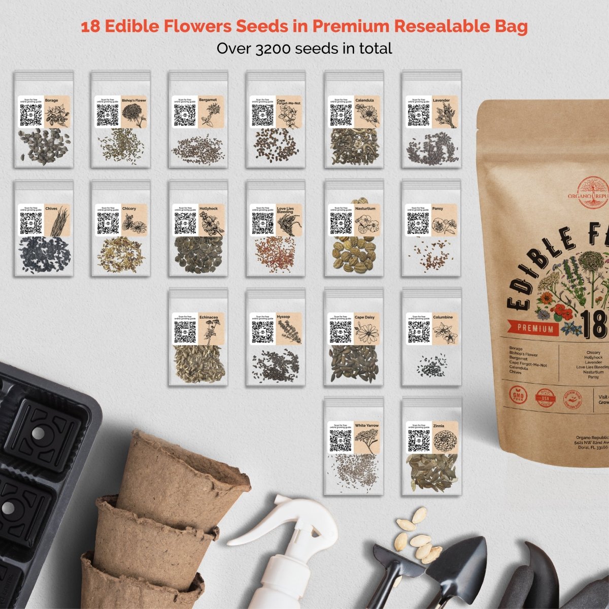 18 Edible Flower Seeds Variety Pack for Planting Indoor & Outdoors - Organo Republic