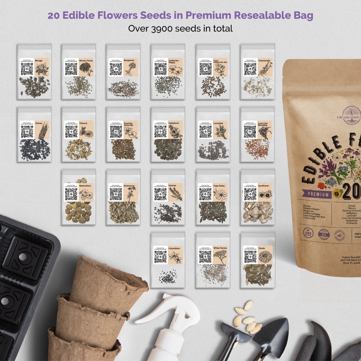 20 Edible Flower Seeds Variety Pack for Planting Indoor & Outdoors - Organo Republic