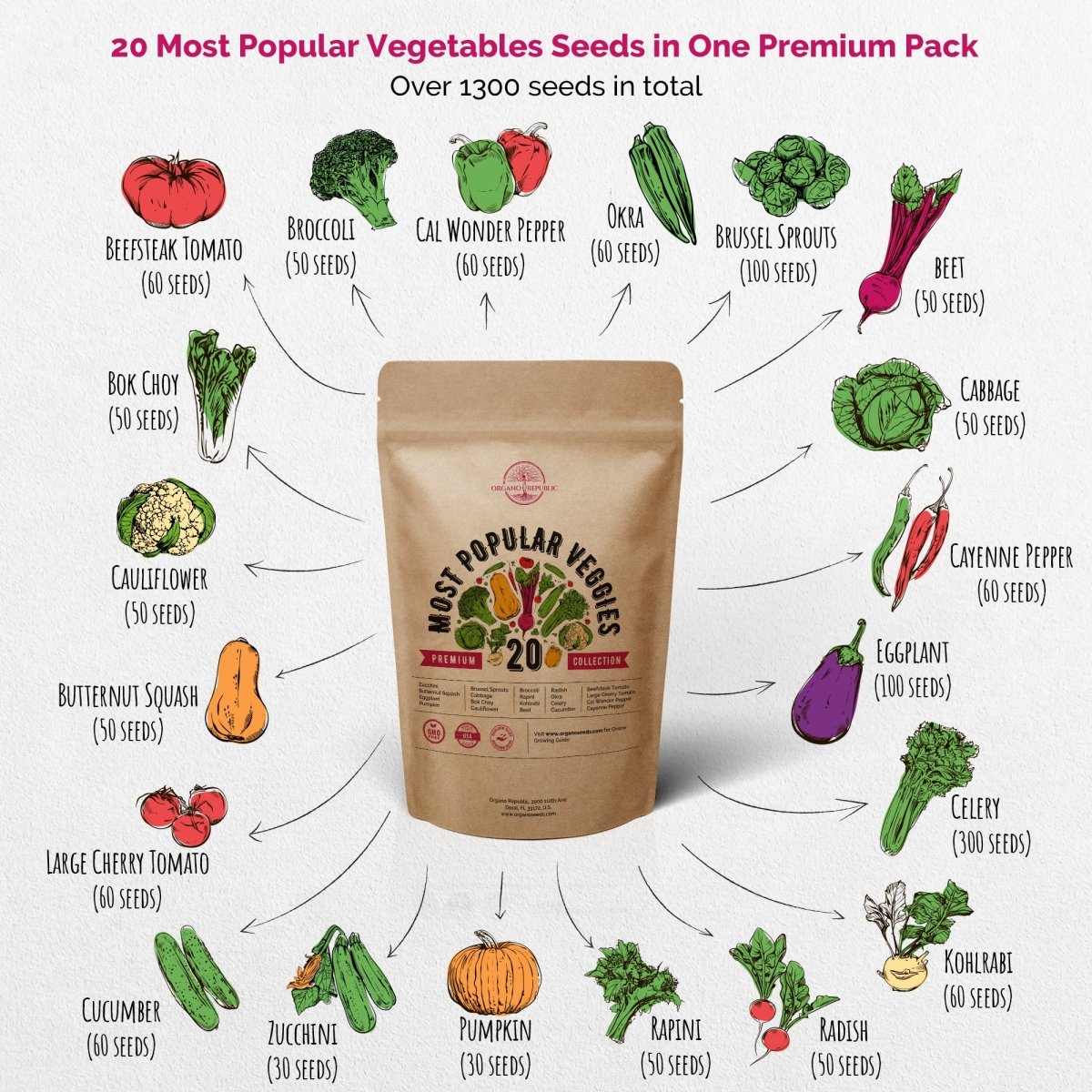 20 Most Popular Vegetable Seeds Variety Pack - Over 1300 Non-Gmo, Heirloom Seeds - Organo Republic