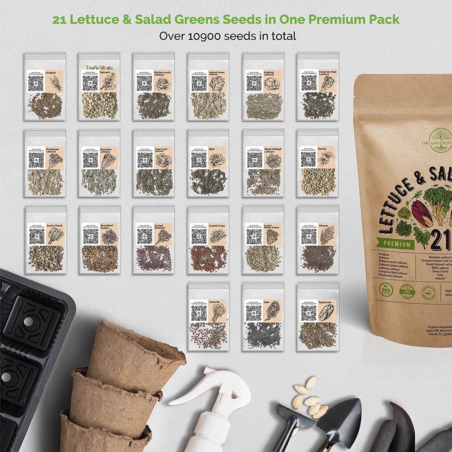 21 Lettuce & Salad Greens Seeds Variety Pack 10,000 Non-GMO Heirloom Lettuce Seeds - Organo Republic