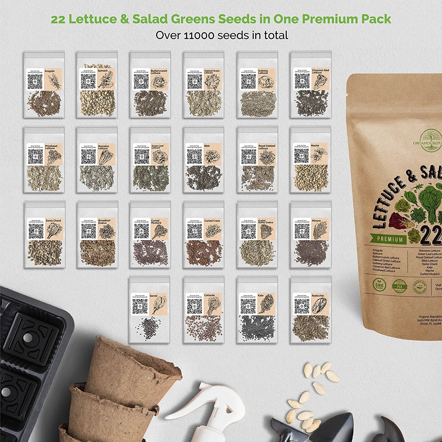 22 Lettuce & Salad Greens Seeds Variety Pack 10,000 Non-GMO Heirloom Lettuce Seeds - Organo Republic