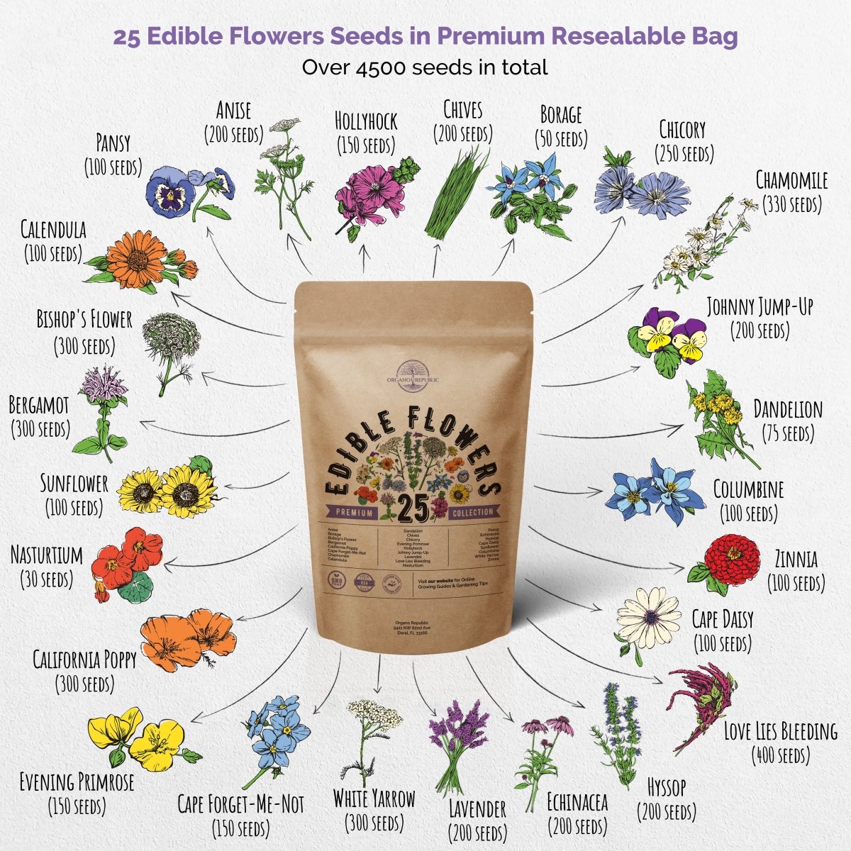 25 Edible Flower Seeds Variety Pack for Planting Indoor & Outdoors - Organo Republic
