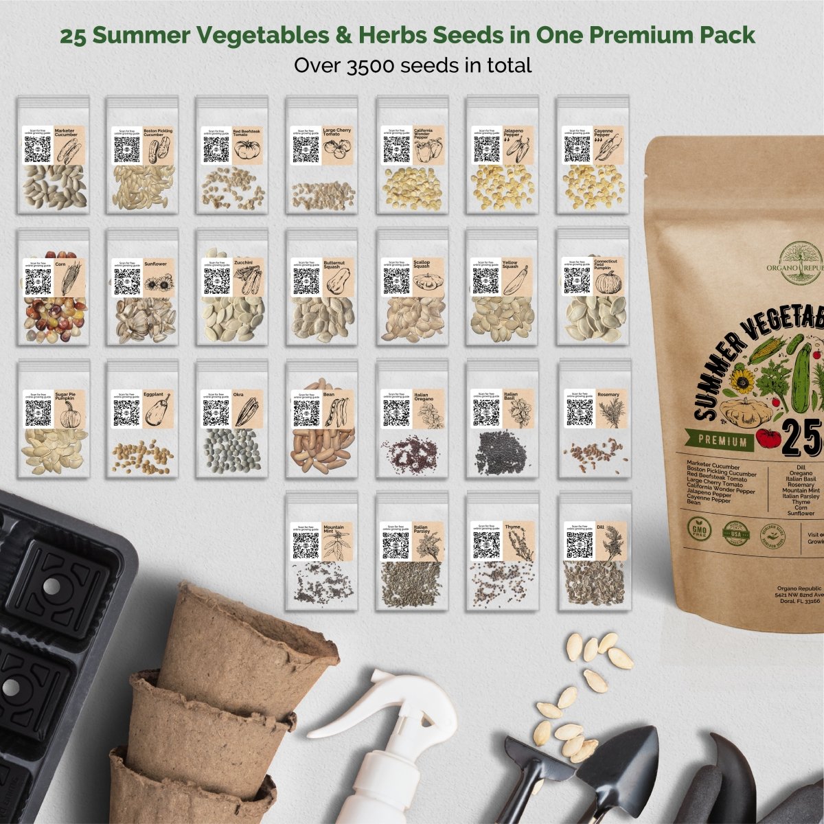 25 Summer Vegetable & Herb Garden Seeds Variety Pack for Planting Outdoors and Indoor - Organo Republic