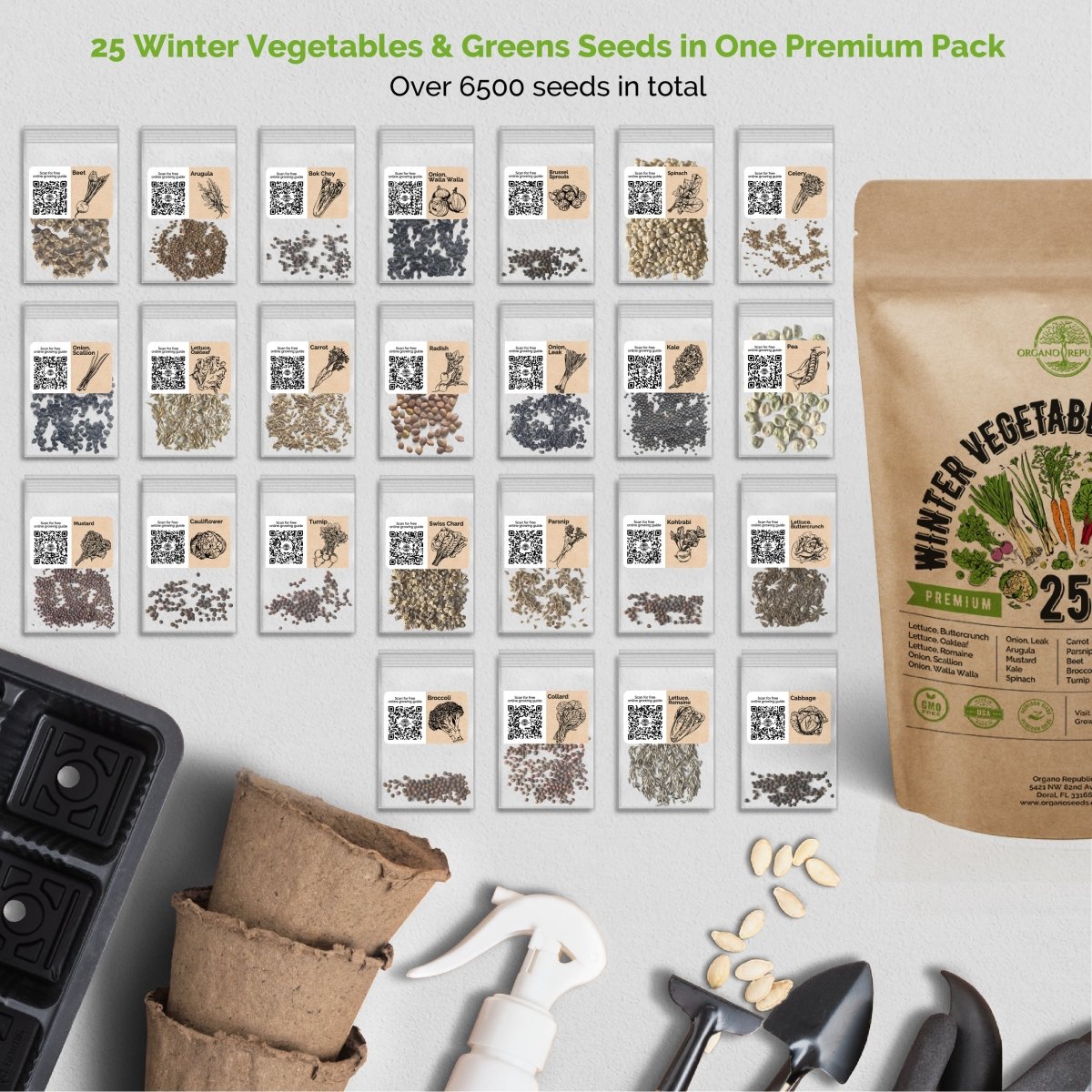 25 Winter Vegetables & 18 Culinary Herb Seeds Variety Packs in One Value Bundle Non-GMO Heirloom Seeds for Planting Indoor and Outdoor. Over 11500 Seeds - Organo Republic