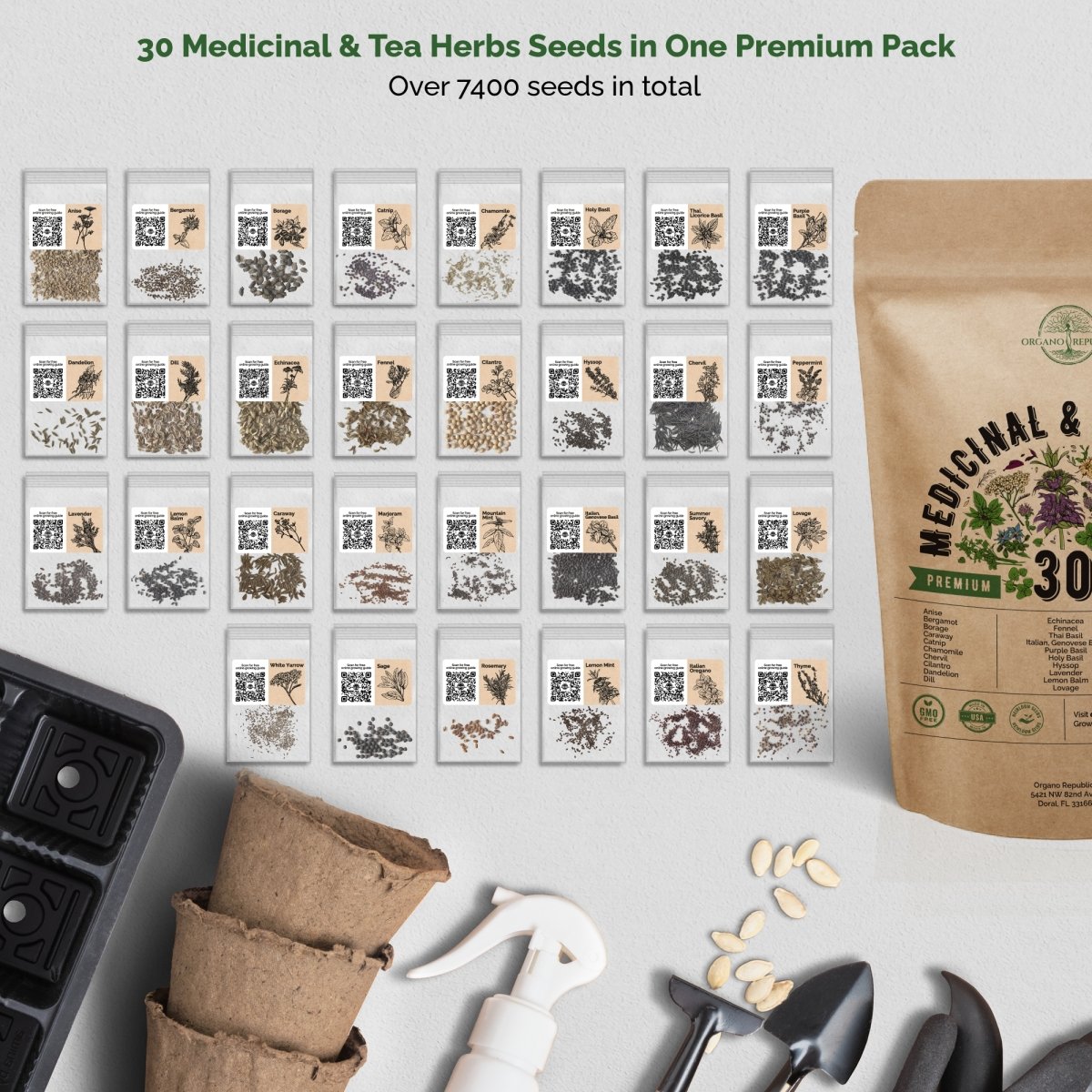 30 Medicinal & Tea Herb Seeds Variety Pack for Planting Indoor & Outdoors - Organo Republic