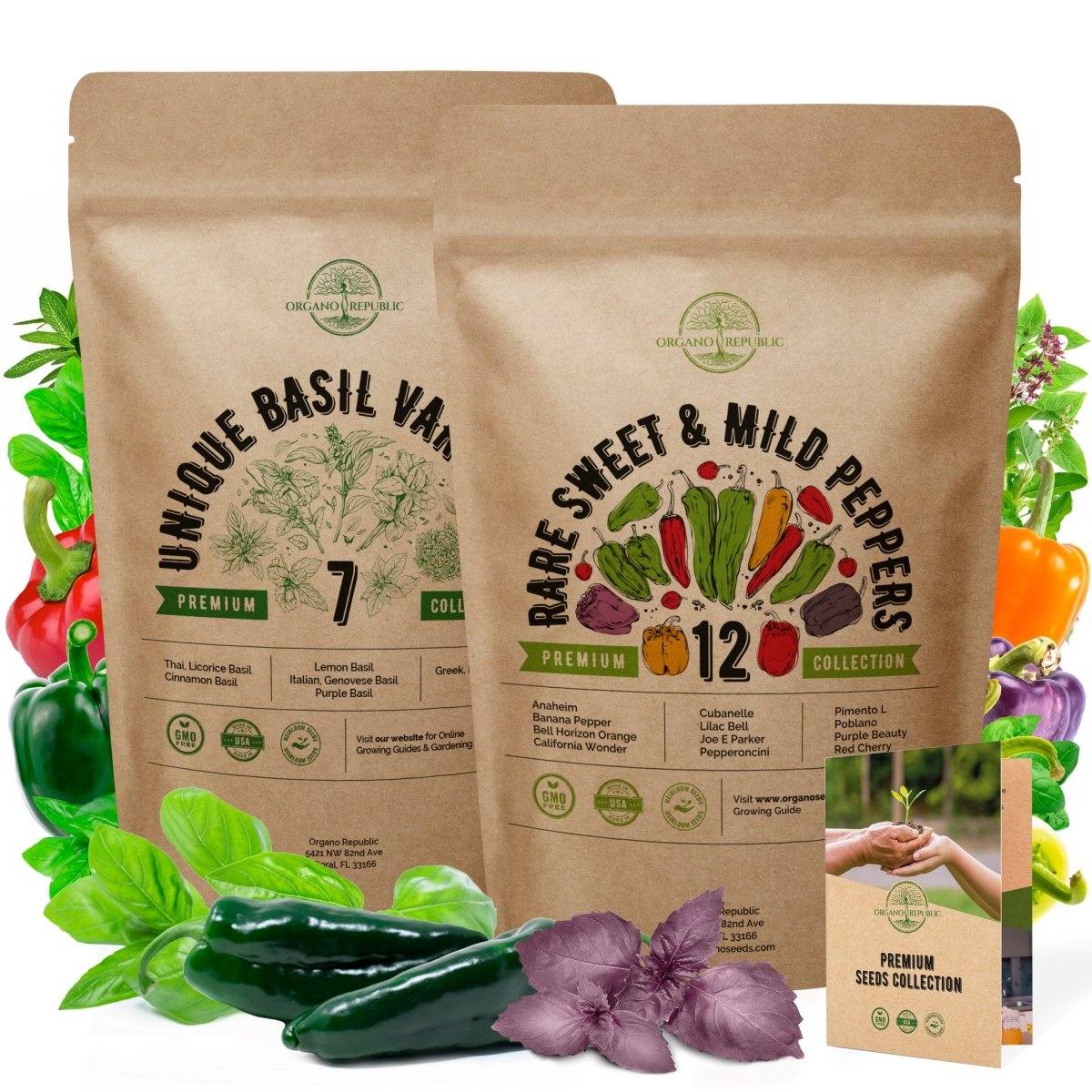 7 Basil Herb and 12 Rare Sweet & Mild Pepper Seeds Variety Packs Bundle - Organo Republic