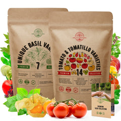 7 Basil Herb and 14 Rare Tomato & Tomatillo Seeds Variety Packs Bundle - Organo Republic