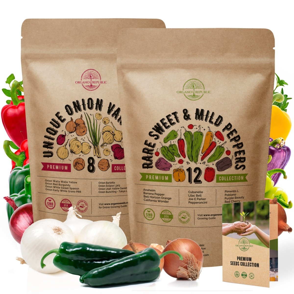 8 Onion & 12 Rare Sweet & Mild Pepper Seeds Variety Packs Bundle - Organo Republic