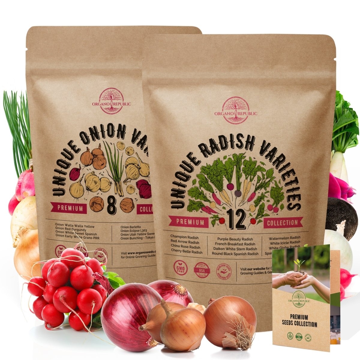 8 Onion and 12 Radish Seeds Variety Packs Bundle - Organo Republic