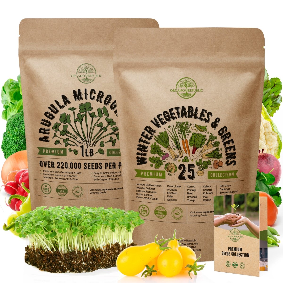 Arugula Microgreens & 25 Winter Vegetable Seeds Bundle Non-GMO Heirloom Seeds for Planting Indoor and Outdoor Over 226,000 Microgreen & Vegetables Seeds in One Value Bundle - Organo Republic