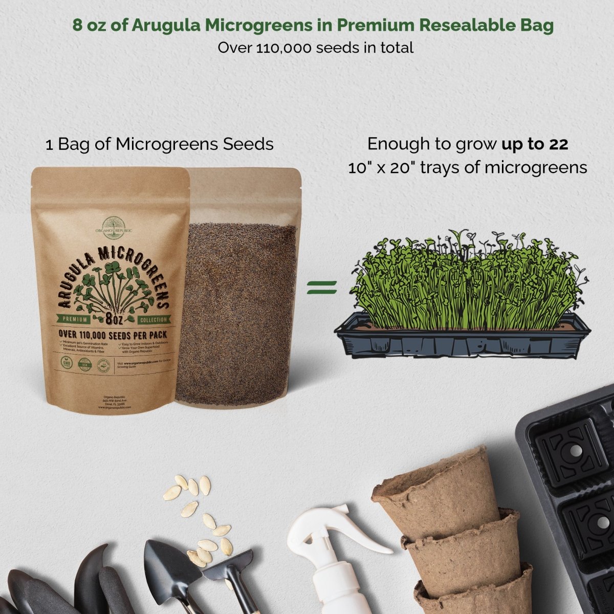 Arugula Sprouting & Microgreens Seeds 8oz - Over 110 000 Non-GMO, Heirloom Seeds - Organo Republic