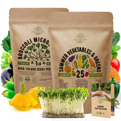 Broccoli Microgreens & 25 Summer Vegetable Seeds Bundle Non-GMO Heirloom Seeds for Planting Indoor and Outdoor Over 132,500 Microgreen & Vegetable Seeds in One Value Bundle - Organo Republic