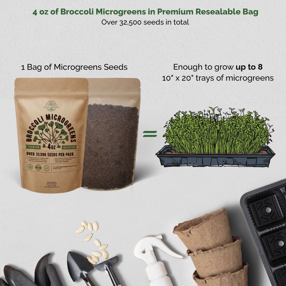 Broccoli Sprouting & Microgreens Seeds 4oz - Non-GMO, Heirloom Sprout Seeds Kit - Organo Republic