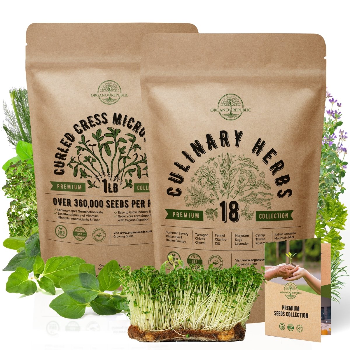 Cress Microgreens & 18 Culinary Herbs Seeds Bundle Non-GMO Heirloom Seeds for Planting Indoor and Outdoor Over 365,000 Microgreen & Herb Seeds in One Value Bundle - Organo Republic