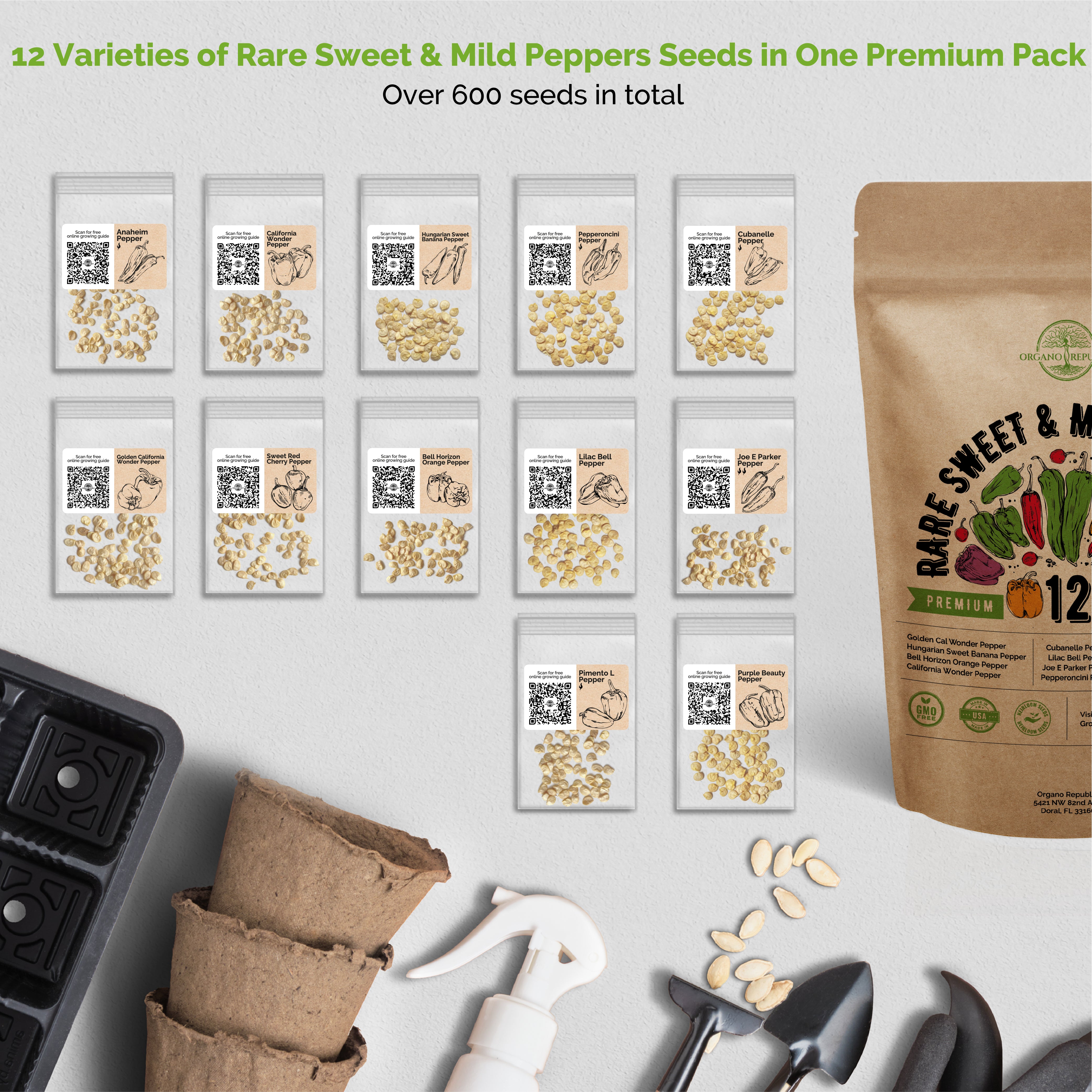 12 Rare Sweet & Mild Peppers Seeds Variety Pack - Over 600 Non-GMO, Heirloom Seeds